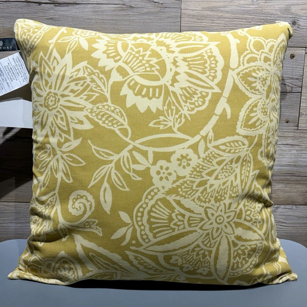 NEWPORT 18x18 Throw Pillow Down Filled Insert Gold Mustard Floral Decorative USA